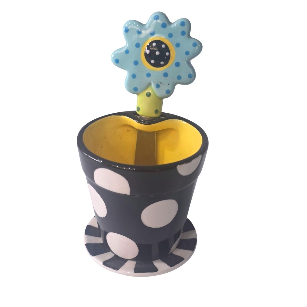 Ceramic Flower Pot Dip Bowl and Blue Floral Spreader Set Black Polka Dot